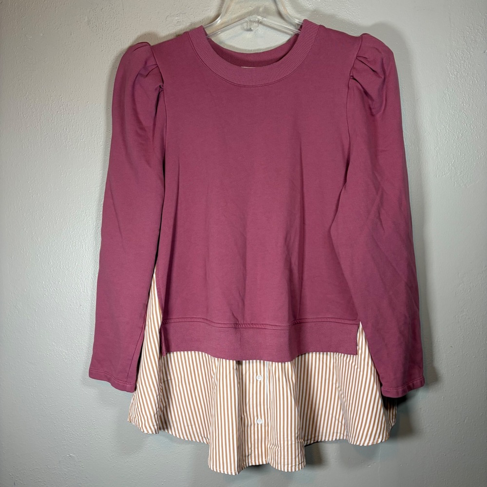 Mauve Mixed Media Puff Sleeve Sweatshirt Striped Poplin‎ Hem Top